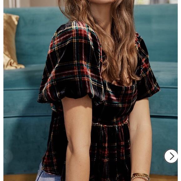 NWT Tartan Plaid Peplum Top Sz XL Black Red Velvet Open Back Puff Sleeve Preppy - Picture 3 of 16